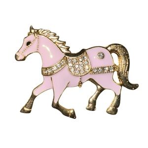 Pink in Gold Tone Horse Brooch with Clear Rhinestones